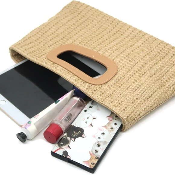 Women Straw Clutch Purse Top Handle Summer Beach Vacation Handbag - Picture 6 of 7